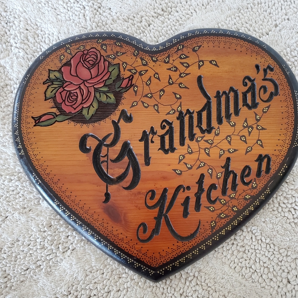 Handmade Heart Wood Wall Hanging "Grandma's Kitchen" Floral 12 x 10" Kitschy - Picture 2 of 13